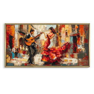 Flamenco Guitar and Dance in Spanish Plaza Wall Art, HD Canvas Print, Golden Floater Framed, Ready to Hang, (4 ft x 2 ft) (MUS007)