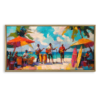 Reggae Band on Caribbean Beach – Large HD Canvas Painting for Wall, Joyful Performance in Layered – Ready to Hang – Size: 4 Ft x 2 Ft (MUS003)