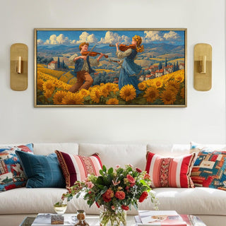 Folk Musicians on Tuscan Hilltop – Framed HD Canvas Print Wall Art, Sunset Melody Scene – Ready to Hang – Size: 4 Ft x 2 Ft (MUS001)