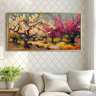 Vibrant Van Gogh-Inspired Blossoming Orchard Wall Art, HD Canvas Print, Golden Floater Framed, Ready to Hang, (24 In x 48 In) (VNG-WA-5-A)
