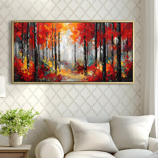 Vibrant Autumn Forest with Bold Brushstrokes Wall Art, HD Canvas Print, Golden Floater Framed, Ready to Hang, (24 In x 48 In) (VNG-WA-13-B)