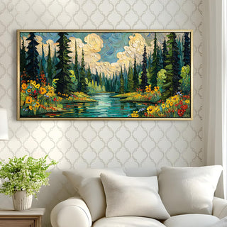 Forest Scene with Sparkling River, Thick Brushstrokes Wall Art, HD Canvas Print, Golden Floater Framed, Ready to Hang, (24 In x 48 In) (VNG-WA-2-D)