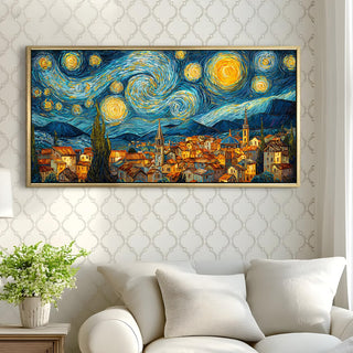 Starry Night Over a Quiet Village Wall Art, HD Canvas Print, Golden Floater Framed, Ready to Hang, (24 In x 48 In) (VNG-WA-6-A)