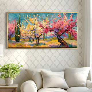 Vibrant Van Gogh-Inspired Blossoming Orchard Wall Art, HD Canvas Print, Golden Floater Framed, Ready to Hang, (24 In x 48 In) (VNG-WA-5-C)