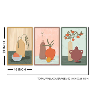 Boho Floral Pot Painting Wall Art, HD Canvas Print, Ready to hang, Set of 3 (BOWA25)
