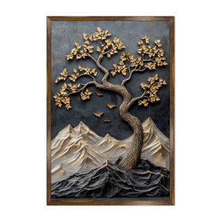 Abstract Golden Lucky Wish tree, HD Canvas Print, Framed, Ready to Hang. (20 In x 30 In). (VAWA011)