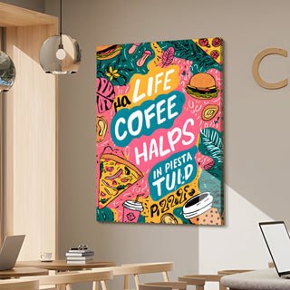 Funky Doodle Coffee Pizza Quote Wall Art, HD Canvas Print, Framed, Ready to Hang. (KITWA005)