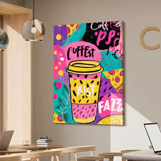 Coffee Cup – Funky Pop Art Style Colorful Cafe Wall Art, HD Canvas Print, Framed, Ready to Hang. (KITWA004)