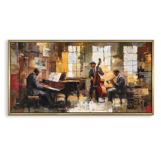 Jazz Quartet in Rustic Studio Wall Art, HD Canvas Print, Golden Floater Framed, Ready to Hang, (24 In x 48 In) (MUSIC-WA-01)