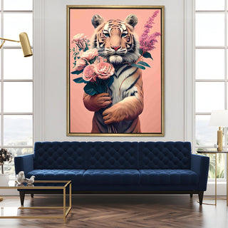 Tiger with Bouquet – Whimsical Animal Portrait HD Print Canvas Wall Art. (POWA63)