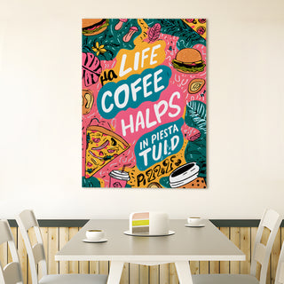 Funky Doodle Coffee Pizza Quote Wall Art, HD Canvas Print, Framed, Ready to Hang. (KITWA005)