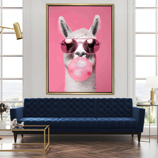Pink Llama with Sunglasses & Bubblegum – Fun Pop Art Animal Portrait HD Print Canvas Wall Art. (POWA64)