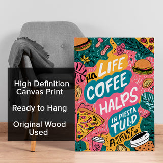 Funky Doodle Coffee Pizza Quote Wall Art, HD Canvas Print, Framed, Ready to Hang. (KITWA005)