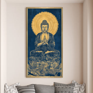 Golden Outline Buddha Portrait on Lotus Wall Art, HD Canvas Print, Golden Box Framed, Ready to Hang, (48 In x 24 In) (BUDDHA-WA-46)