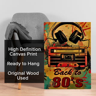 Back to 80’s – Retro Boombox & Headphones Pop Wall Art, HD Canvas Print, Framed, Ready to Hang. (POMWA342)
