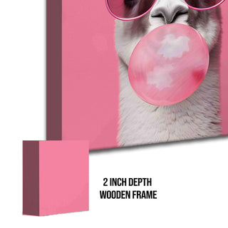 Pink Llama with Sunglasses & Bubblegum – Fun Pop Art Animal Portrait HD Print Canvas Wall Art. (POWA64)