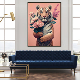 Tiger with Bouquet – Whimsical Animal Portrait HD Print Canvas Wall Art. (POWA63)