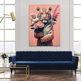 Tiger with Bouquet – Whimsical Animal Portrait HD Print Canvas Wall Art. (POWA63)