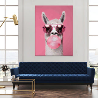 Pink Llama with Sunglasses & Bubblegum – Fun Pop Art Animal Portrait HD Print Canvas Wall Art. (POWA64)