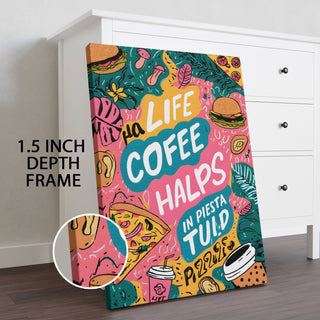 Funky Doodle Coffee Pizza Quote Wall Art, HD Canvas Print, Framed, Ready to Hang. (KITWA005)
