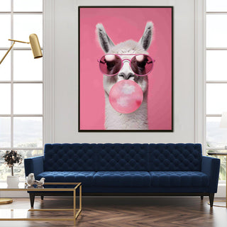 Pink Llama with Sunglasses & Bubblegum – Fun Pop Art Animal Portrait HD Print Canvas Wall Art. (POWA64)