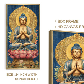 Golden Aura Buddha Portrait on Red Lotus Wall Art, HD Canvas Print, Golden Box Framed, Ready to Hang, (48 In x 24 In) (BUDDHA-WA-47)