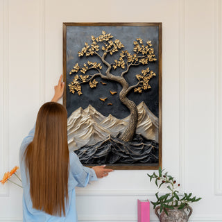 Abstract Golden Lucky Wish tree, HD Canvas Print, Framed, Ready to Hang. (20 In x 30 In). (VAWA011)