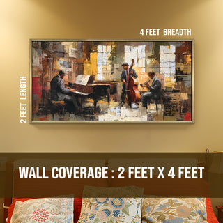 Jazz Quartet in Rustic Studio Wall Art, HD Canvas Print, Golden Floater Framed, Ready to Hang, (24 In x 48 In) (MUSIC-WA-01)