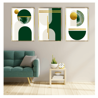 Abstract geometric Shape Dark Emerald Green and Gold Canvas Painting