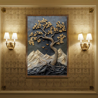 Abstract Golden Lucky Wish tree, HD Canvas Print, Framed, Ready to Hang. (20 In x 30 In). (VAWA011)