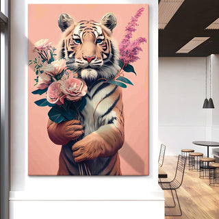 Tiger with Bouquet – Whimsical Animal Portrait HD Print Canvas Wall Art. (POWA63)