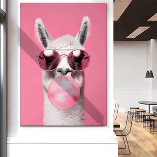 Pink Llama with Sunglasses & Bubblegum – Fun Pop Art Animal Portrait HD Print Canvas Wall Art. (POWA64)