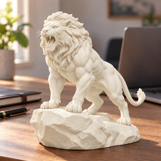 White sculptural lion decor showpiece displayed on a wooden desk