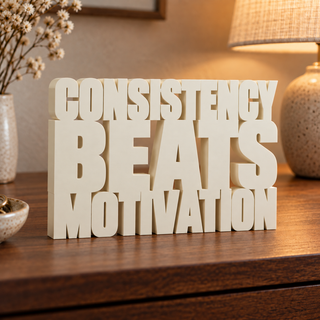 Consistency Beats Motivation desk letters in a home setting
