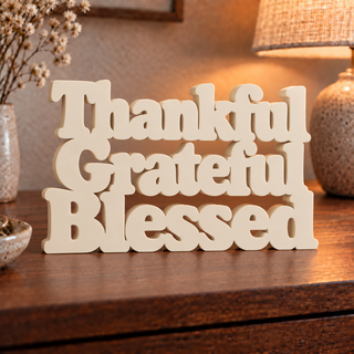 Thankful Grateful Blessed desk letters in a home setting