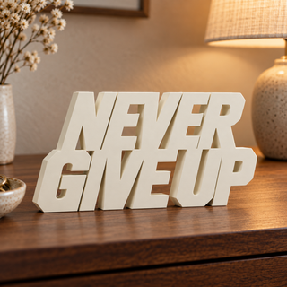 Never Give Up desk letters in a home setting