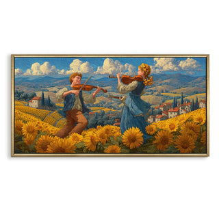 Folk Musicians on Tuscan Hilltop – Framed HD Canvas Print Wall Art, Sunset Melody Scene – Ready to Hang – Size: 4 Ft x 2 Ft (MUS001)