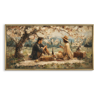 Countryside Picnic Romance – Romantic Scene Wall Art, HD Canvas Print, Golden Floater Framed, Ready to Hang, (24 In x 48 In) (COWA10)