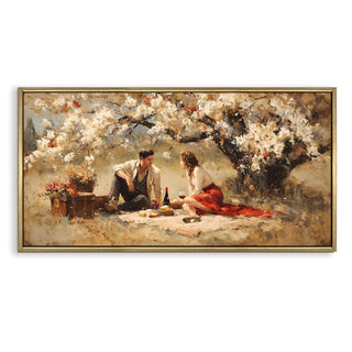 Whispers Beneath the Blossoms – Romantic Couple Picnic Painting Wall Art, HD Canvas Print, Golden Floater Framed, Ready to Hang, (24 In x 48 In) (COWA01)