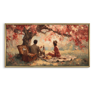 Cherry Blossom Picnic in the Countryside – Romantic Spring Scene Wall Art, HD Canvas Print, Golden Floater Framed, Ready to Hang, (24 In x 48 In) (COWA03)