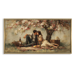 Springtime Picnic Romance – Romantic Scene Wall Art, HD Canvas Print, Golden Floater Framed, Ready to Hang, (24 In x 48 In) (COWA09)