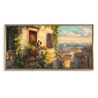Balcony Romance Overlooking the City – Romantic Scene Wall Art, HD Canvas Print, Golden Floater Framed, Ready to Hang, (24 In x 48 In) (COWA08)