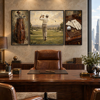 Classic Golf golf set of three framed canvases in a wood-panelled director's office with a city view