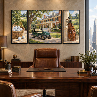 American Country Club golf set of three framed canvases in a wood-panelled director's office with a city view