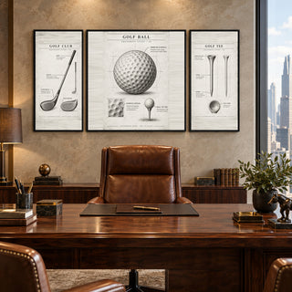 Vintage Golf Studies golf set of three framed canvases in a wood-panelled director's office with a city view