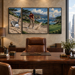 Coastal Bunker golf set of three framed canvases in a wood-panelled director's office with a city view