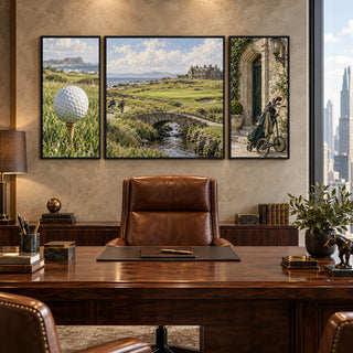 European Coastal Links golf set of three framed canvases in a wood-panelled director's office with a city view