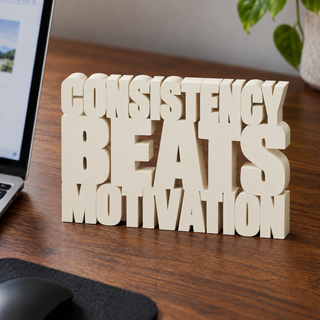 Consistency Beats Motivation desk letters on an office desk