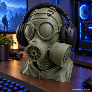 Wasteland Ranger headphone stand holding black headphones on a walnut gaming desk