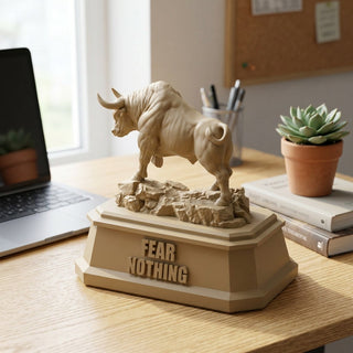 Fear Nothing (Bull) desk trophy on a home office desk